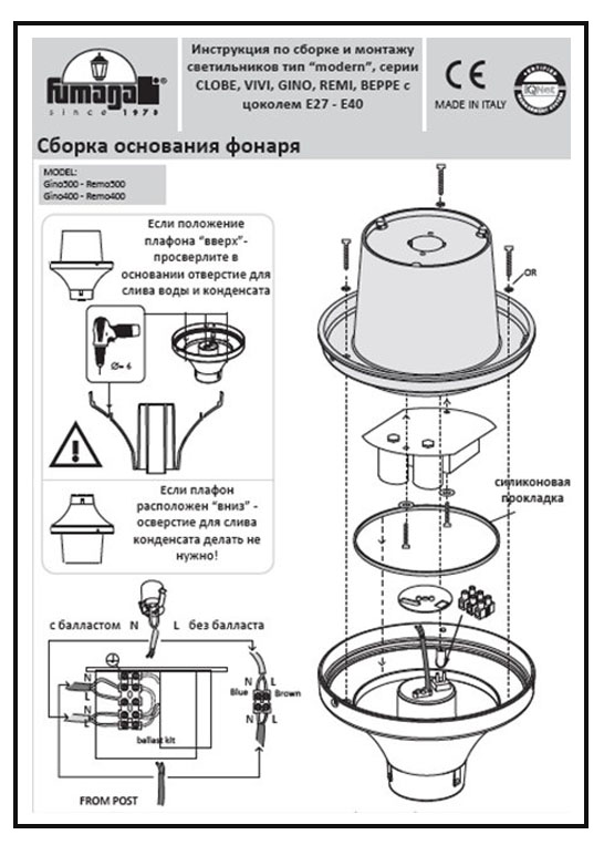 Инструкция по сборке FUMAGALLI светильников МОДЕРН Е-27, E-40